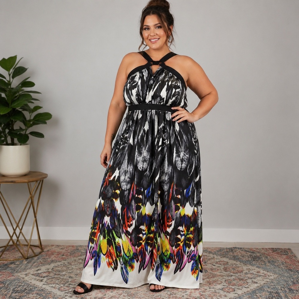 Y2K Dots Abstract Feather Print Maxi Dress Womens 3X Halter Neck Black White